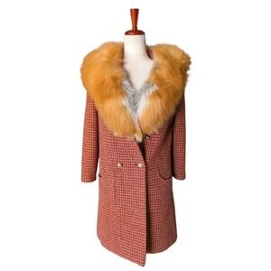 Vintage Neiman Marcus Houndstooth Wool Coat Real Fox Fur Collar Burgundy Gold